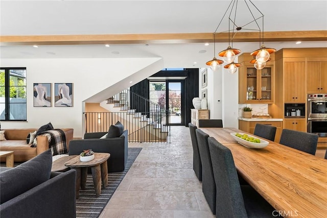 1831 Newport Hills Dr E, Newport Beach, CA 92660 - dining area featuring beam ceiling, stairway, stone tile flooring, and recessed lighting