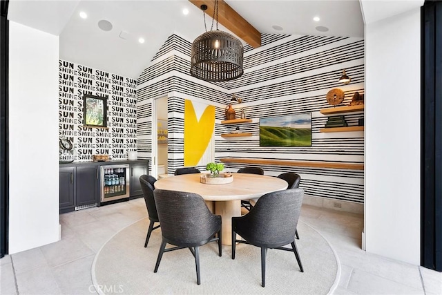 1831 Newport Hills Dr E, Newport Beach, CA 92660 - tiled dining room with wallpapered walls, an accent wall, beverage cooler, a bar, and recessed lighting