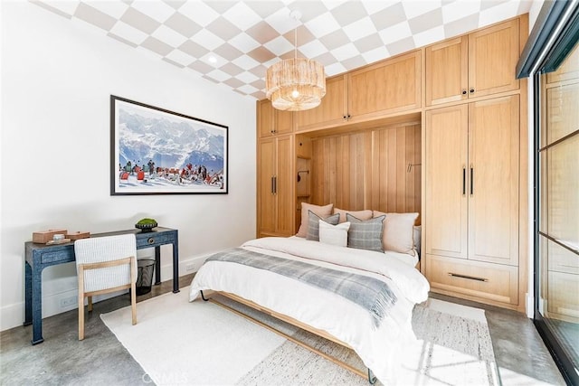 1831 Newport Hills Dr E, Newport Beach, CA 92660 - bedroom with a chandelier and finished concrete floors