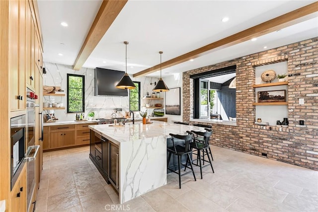 1831 Newport Hills Dr E, Newport Beach, CA 92660 - kitchen with open shelves, extractor fan, beamed ceiling, plenty of natural light, and brick wall
