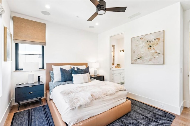 1831 Newport Hills Dr E, Newport Beach, CA 92660 - bedroom featuring light wood finished floors, ensuite bathroom, recessed lighting, and a ceiling fan