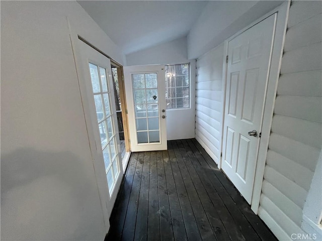 651 Community Dr, Lake Arrowhead, CA 92352 - doorway with vaulted ceiling, dark wood-style floors, and french doors