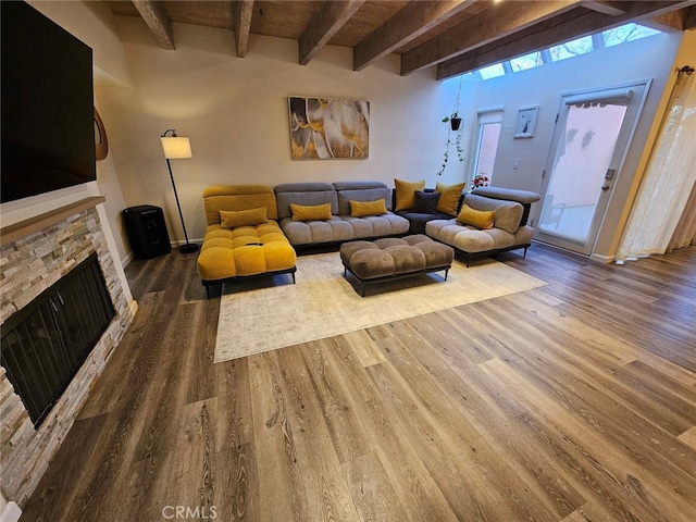 400 Monterey Rd Unit 10, Glendale, CA 91206 - living room with wood finished floors, a fireplace, and a wood ceiling with exposed beams