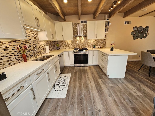 400 Monterey Rd Unit 10, Glendale, CA 91206 - kitchen featuring stainless steel appliances, a peninsula, wall chimney exhaust hood, dark wood-type flooring, and a wood ceiling with exposed beams