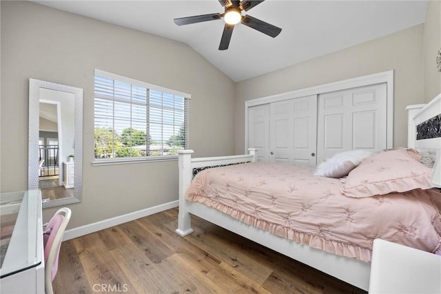 3108 Holbrook St, Bakersfield, CA 93312 - bedroom featuring wood finished floors, a closet, lofted ceiling, and a ceiling fan