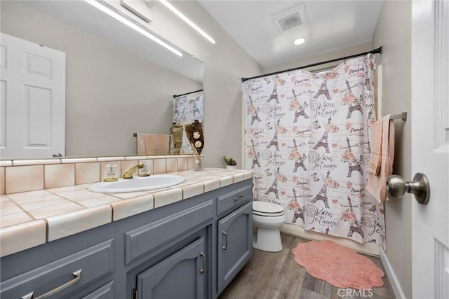 3108 Holbrook St, Bakersfield, CA 93312 - bathroom featuring vanity, wood finished floors, and a shower with curtain