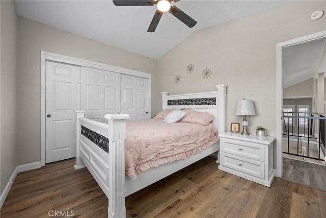 3108 Holbrook St, Bakersfield, CA 93312 - bedroom with lofted ceiling, wood finished floors, a closet, and ceiling fan