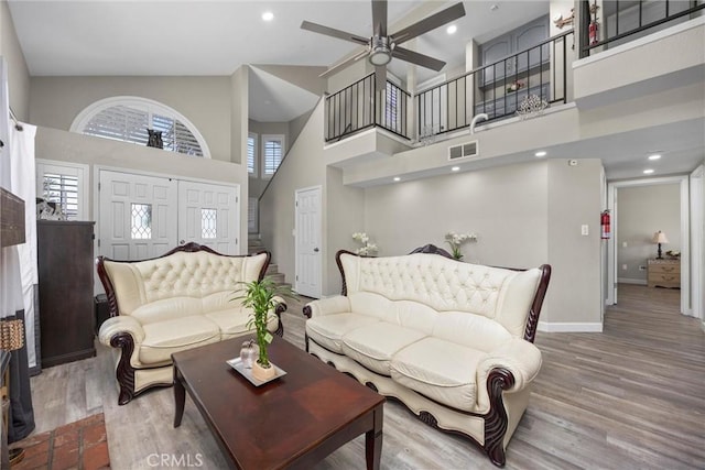3108 Holbrook St, Bakersfield, CA 93312 - living room with a high ceiling, ceiling fan, and wood finished floors