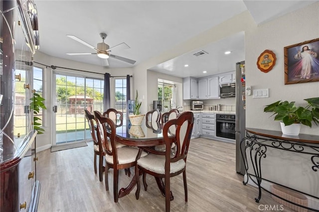 3108 Holbrook St, Bakersfield, CA 93312 - dining room featuring light wood-style floors, ceiling fan, and recessed lighting