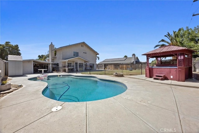 3108 Holbrook St, Bakersfield, CA 93312 - view of swimming pool featuring a hot tub, a patio area, a fenced backyard, and a gazebo