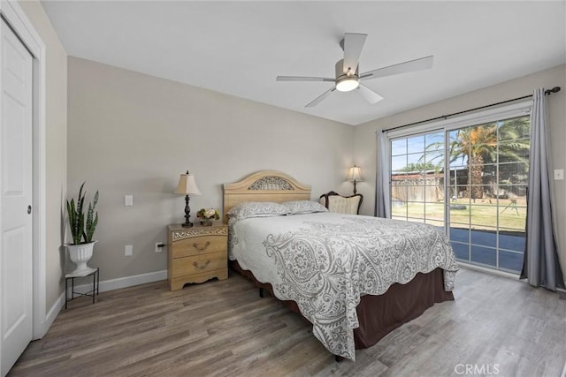 3108 Holbrook St, Bakersfield, CA 93312 - bedroom featuring access to exterior, wood finished floors, ceiling fan, and a closet