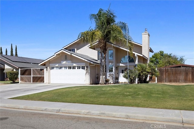 3108 Holbrook St, Bakersfield, CA 93312 - view of front of house with a garage, concrete driveway, a chimney, and stucco siding