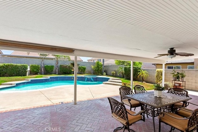 6939 Fremontia Ave, Fontana, CA 92336 - view of pool with a fenced backyard, a patio area, a pool with connected hot tub, and a ceiling fan