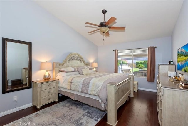 6939 Fremontia Ave, Fontana, CA 92336 - bedroom with lofted ceiling, dark wood-style flooring, and a ceiling fan