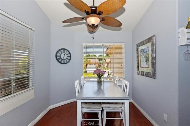 6939 Fremontia Ave, Fontana, CA 92336 - dining space featuring dark wood finished floors and ceiling fan