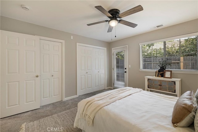 2081 Marilyn Dr, Chico, CA 95928 - bedroom featuring carpet floors, two closets, a ceiling fan, and access to exterior