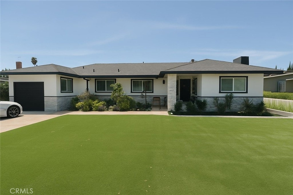 12861 Alamitos Way, Garden Grove, CA 92841 - ranch-style house with stone siding, stucco siding, a garage, a chimney, and driveway