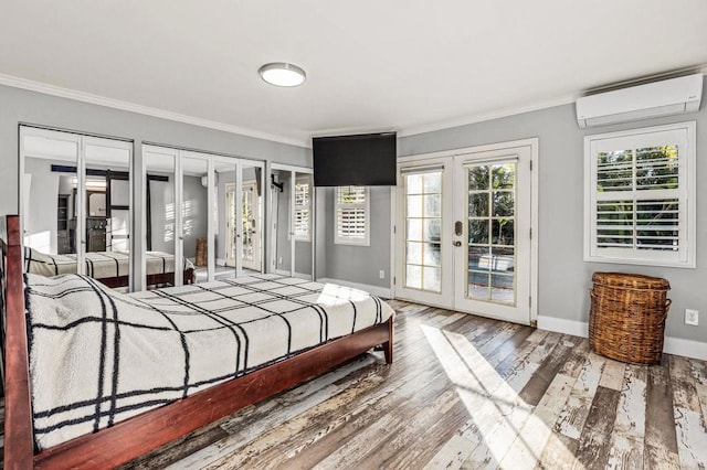 1670 Alta Vista Dr, Vista, CA 92084 - bedroom featuring french doors, an AC wall unit, access to exterior, ornamental molding, and wood finished floors