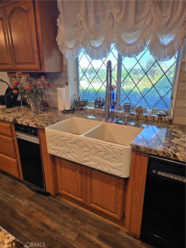 41653 62nd St W, Palmdale, CA 93551 - kitchen featuring dishwasher, dark wood-style floors, brown cabinetry, and backsplash