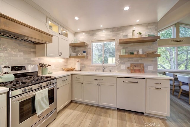 6362 Coffeeberry Ct, Avila Beach, CA 93424 - kitchen featuring stainless steel range with gas cooktop, dishwashing machine, open shelves, light countertops, and recessed lighting