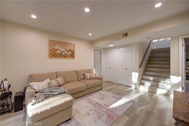 6362 Coffeeberry Ct, Avila Beach, CA 93424 - living room featuring light wood-type flooring, stairs, and recessed lighting