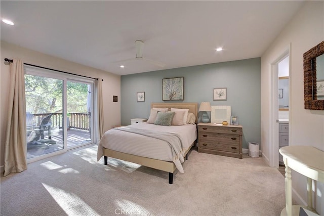 6362 Coffeeberry Ct, Avila Beach, CA 93424 - bedroom featuring light colored carpet, access to outside, recessed lighting, and ceiling fan