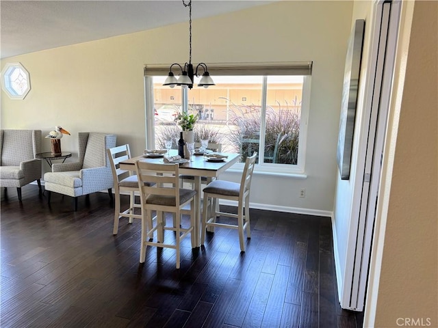 13310 N Fairfield Ln Unit M7 176L, Seal Beach, CA 90740 - dining area featuring a chandelier, plenty of natural light, dark wood finished floors, and vaulted ceiling