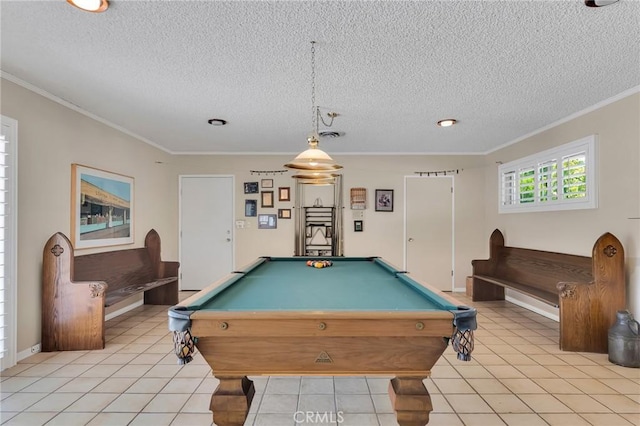 10020 Wystone Ave, Northridge, CA 91324 - game room with a textured ceiling, crown molding, billiards, and light tile patterned flooring