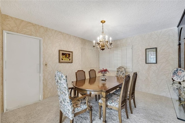 10020 Wystone Ave, Northridge, CA 91324 - carpeted dining room featuring wallpapered walls, a chandelier, and a textured ceiling