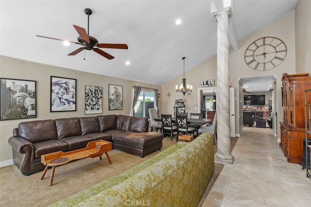 24682 Via Tequila, Lake Forest, CA 92630 - living room with decorative columns, a ceiling fan, a chandelier, high vaulted ceiling, and recessed lighting