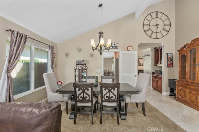 24682 Via Tequila, Lake Forest, CA 92630 - dining room with a chandelier, high vaulted ceiling, beamed ceiling, and light tile patterned floors