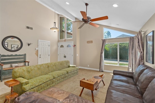 24682 Via Tequila, Lake Forest, CA 92630 - living room with carpet, a ceiling fan, high vaulted ceiling, and recessed lighting