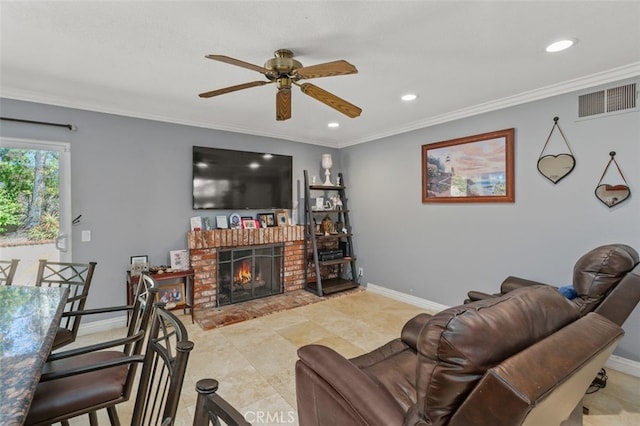 24682 Via Tequila, Lake Forest, CA 92630 - living area with a ceiling fan, recessed lighting, a fireplace, and crown molding