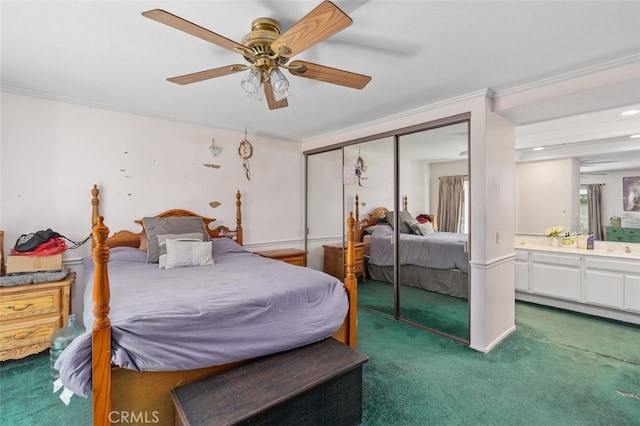 24682 Via Tequila, Lake Forest, CA 92630 - carpeted bedroom featuring a closet, crown molding, a ceiling fan, and connected bathroom
