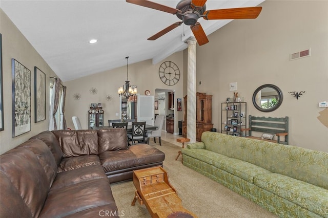 24682 Via Tequila, Lake Forest, CA 92630 - living area with a chandelier, a ceiling fan, carpet floors, decorative columns, and high vaulted ceiling
