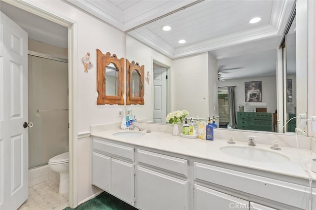 24682 Via Tequila, Lake Forest, CA 92630 - ensuite bathroom featuring double vanity, recessed lighting, a ceiling fan, crown molding, and a raised ceiling