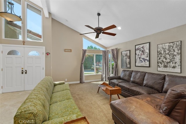 24682 Via Tequila, Lake Forest, CA 92630 - living area with ceiling fan, high vaulted ceiling, light colored carpet, and recessed lighting