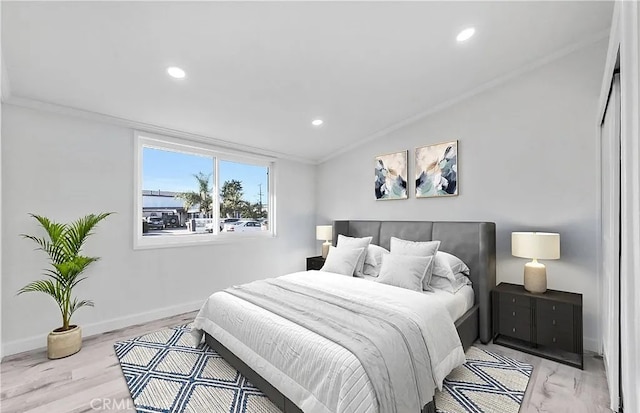 11912 Arthur Dr, Anaheim, CA 92804 - bedroom with ornamental molding, vaulted ceiling, light wood-style flooring, and recessed lighting