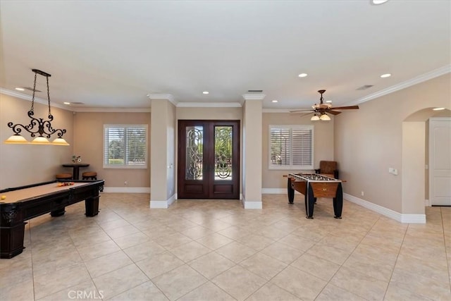 22515 Santa Clarita Corte, Perris, CA 92570 - entryway with arched walkways, light tile patterned floors, recessed lighting, ceiling fan, and billiards