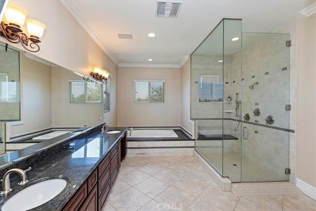 22515 Santa Clarita Corte, Perris, CA 92570 - bathroom with a bath, crown molding, double vanity, a shower stall, and tile patterned flooring