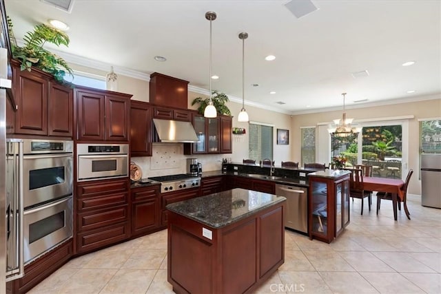 22515 Santa Clarita Corte, Perris, CA 92570 - kitchen with appliances with stainless steel finishes, ventilation hood, light tile patterned floors, a chandelier, and healthy amount of natural light