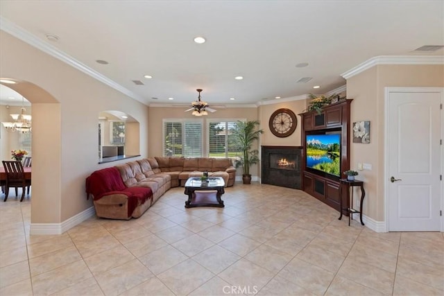 22515 Santa Clarita Corte, Perris, CA 92570 - living area with light tile patterned floors, a ceiling fan, a warm lit fireplace, recessed lighting, and arched walkways