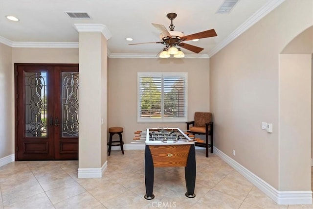22515 Santa Clarita Corte, Perris, CA 92570 - entrance foyer with arched walkways, ceiling fan, ornamental molding, recessed lighting, and light tile patterned floors