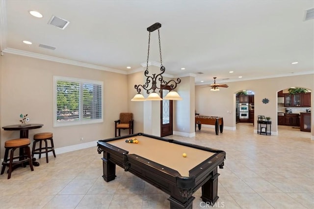22515 Santa Clarita Corte, Perris, CA 92570 - game room with recessed lighting, arched walkways, ornamental molding, billiards table, and light tile patterned flooring