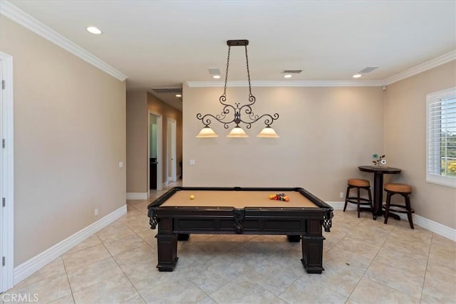 22515 Santa Clarita Corte, Perris, CA 92570 - rec room featuring billiards, recessed lighting, crown molding, and light tile patterned floors