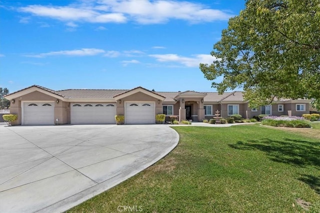 22515 Santa Clarita Corte, Perris, CA 92570 - ranch-style house featuring a garage, stucco siding, concrete driveway, a front yard, and a tiled roof