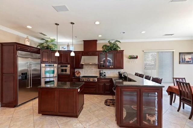 22515 Santa Clarita Corte, Perris, CA 92570 - kitchen featuring stainless steel appliances, range hood, a peninsula, tasteful backsplash, and glass insert cabinets
