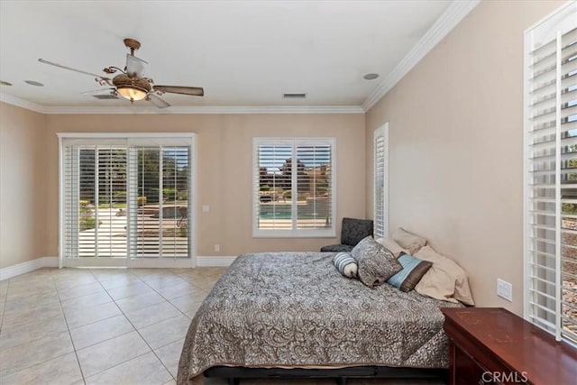 22515 Santa Clarita Corte, Perris, CA 92570 - bedroom featuring access to outside, light tile patterned floors, ornamental molding, and a ceiling fan