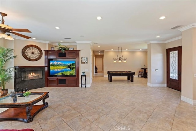 22515 Santa Clarita Corte, Perris, CA 92570 - living area with recessed lighting, pool table, a lit fireplace, light tile patterned floors, and ornamental molding