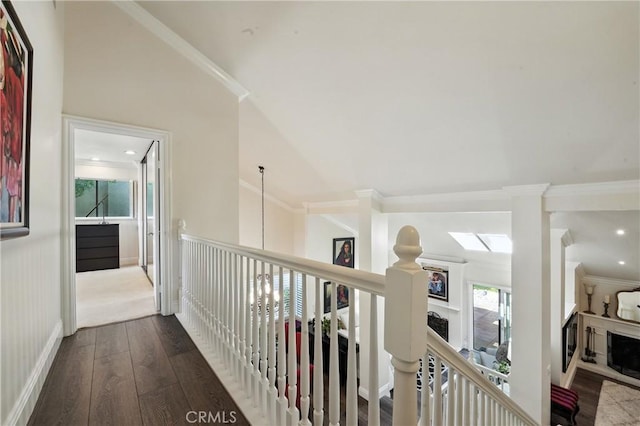 14 Bridgewood Unit 22, Irvine, CA 92604 - corridor with wood-type flooring, lofted ceiling, an upstairs landing, and ornamental molding